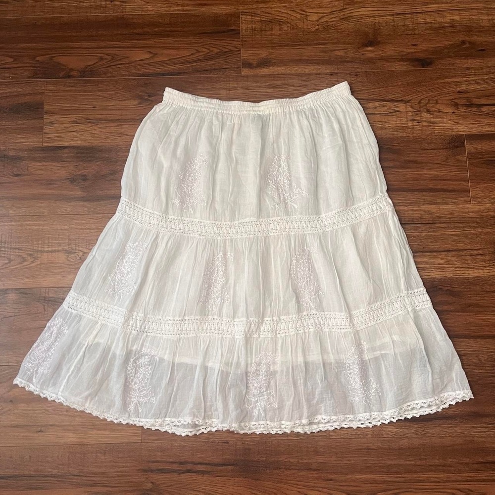 Vintage Lightweight Tiered Boho Midi Skirt Delicate Embroidery Women XXL Boho